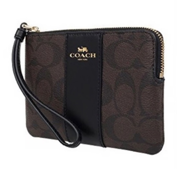NEW Coach Small Corner Zip Wristlet Signature Canvas With Stripe Brown / Black - Picture 2 of 8